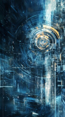 Poster - Complex circular mechanism spinning and illuminating a futuristic digital city with blue and gold light trails