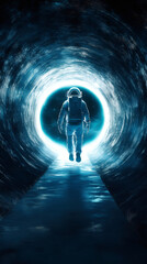 Aufkleber - Astronaut is walking in a tunnel towards a bright portal showing space and stars, a surreal and science fiction concept