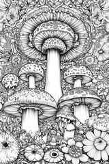 Poster - Mushrooms and Flowers Illustration