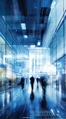 Aufkleber - Businesspeople silhouettes are walking in a futuristic blue corridor with digital code, suggesting the concept of digital business