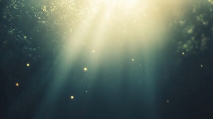 Wall Mural - gentle rays of sunlight filtering through lush green foliage in a serene forest.