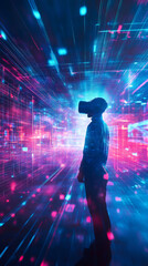 Aufkleber - Software engineer using virtual reality headset exploring immersive digital environment with colorful lights and data streams