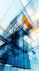 Fototapete - Abstract architecture forming a futuristic glass building with orange details, symbolizing modern urban development and innovation