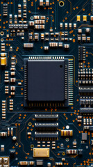 Leinwandbilder - Close-up view of an electronic circuit board with microchip, resistors, and capacitors, showcasing the complexity of modern technology