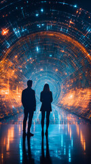 Aufkleber - Two businesspeople are looking at a glowing futuristic tunnel made of concentric rings of big data network connection
