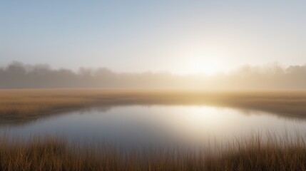 Wall Mural - A serene landscape featuring a calm pond surrounded by tall grass at sunrise.