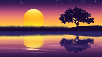 Wall Mural - a serene sunset with a large sun reflecting on a tranquil lake, surrounded by silhouettes of grass a