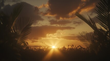 Wall Mural - A beautiful sunset illuminating the sky with vibrant colors, framed by palm leaves.