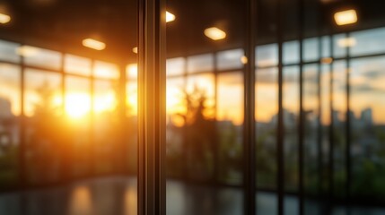 Wall Mural - a beautiful sunset illuminating a modern office space with glass walls.