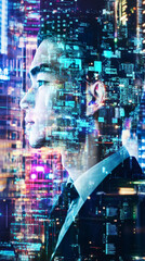 Leinwandbilder - Businessman imagining digital code and futuristic cityscape, concept of artificial intelligence and big data
