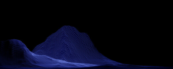Blue wireframe terrain with Depth of Field Effect. 3D Topographic Map Background. Isolated on a black background. 3D illustration.