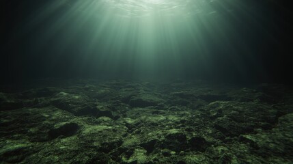 Wall Mural - a serene underwater landscape with sunlight rays illuminating the rocky seabed.