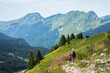 © Elena Dijour - Father and son (unrecognizable; back view) hiking in French Alps in summer near Avoriaz in Morzine area, Haute-Savoie, Auvergne-Rhone-Alpes, France.