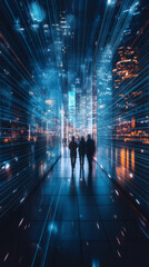 Aufkleber - Businesspeople walking in a futuristic metaverse city with lights trails and skyscrapers at night