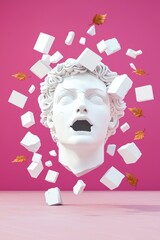 Wall Mural - A white classical sculpture bust levitates amidst falling geometric shapes and leaves against a vibrant pink backdrop.