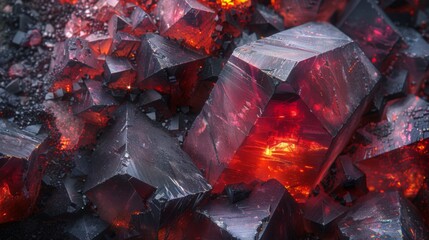 Aufkleber - Glittering crystalline structures exhibit bright red hues and sharp angles, illuminated by vibrant light, creating an enchanting display of natural beauty and geological wonder.