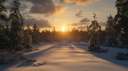 Wall Mural - a beautiful sunset illuminating a snowy forest landscape with tall trees.