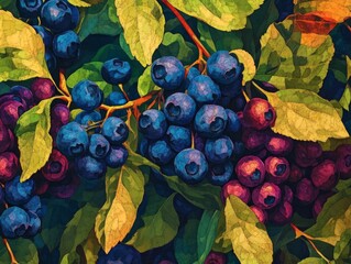 Wall Mural - clusters of blueberries on the vine, their rich, deep color highlighted against vibrant green leaves