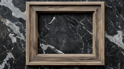 Wall Mural - Wooden frame template on black marble wall