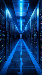 Poster - Illuminated by blue light, a corridor in a large data center showcases rows of server racks, highlighting advanced technology and connectivity