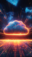 Leinwandbilder - Cloud computing transferring big data through fiber optic network with binary code and light trails