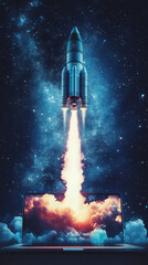 Aufkleber - Rocket lifting off from laptop screen into deep space, symbolizing technological advancement and online opportunities