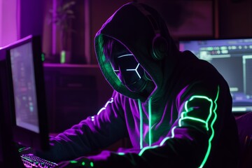 Hacker in neon hoodie working at computer in dark room