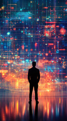 Aufkleber - Businessman standing and looking at a complex futuristic glowing network interface displayed on a large screen