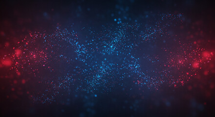 Dark abstract background with blue and red glowing particles and foggy atmosphere. Generative AI.