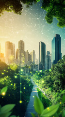 Poster - Stairway leading to modern city skyline through lush green trees with futuristic network connection, symbolizing sustainable urban development