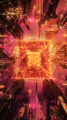 Leinwandbilder - Complex electronic circuit resembling a futuristic cityscape with glowing skyscrapers and intricate connections