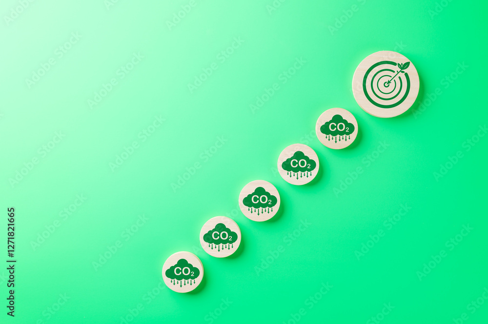 Carbon reduction, sustainability concept. Wooden blocks CO2 emission ...