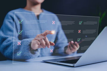 Aufkleber - Online survey and digital checklist concept. Woman interact with checklist interface on laptop, with checkmarks and cross symbols. online forms, surveys, exams, and decision-making. questions test,