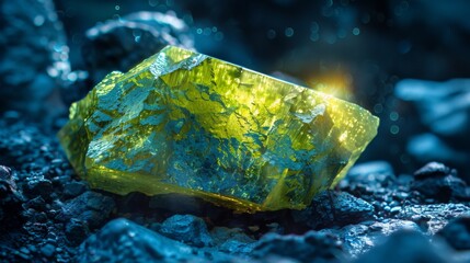 Aufkleber - A vibrant green crystal rests amidst dark rocks, capturing the light beautifully. The tranquil environment enhances its glowing appearance, showcasing nature's artistry.
