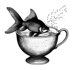 Wall Mural - PNG Goldfish swimming in a teacup art black white.