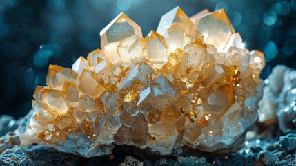 Fototapete - A captivating cluster of yellow crystals catches the light, shimmering with a warm glow in a rocky setting filled with mineral details, highlighting its natural beauty.