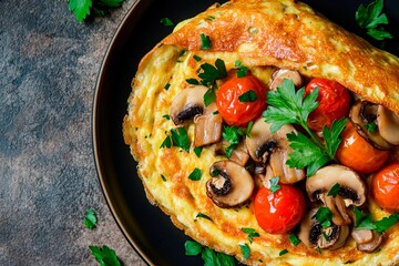 Wall Mural - Delicious mushroom and tomato omelet garnished with fresh herbs on a rustic plate