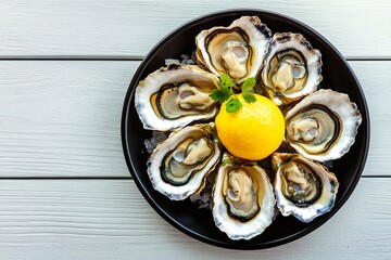 Wall Mural - Freshly shucked oysters arranged beautifully with a lemon centerpiece on a wooden table