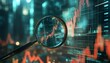 © Michela - Lente d'ingrandimento sopra un grafico di borsa, rappresentante l'analisi approfondita dei dati di mercato.