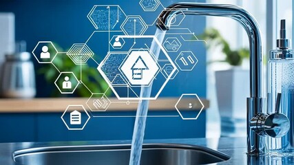 Smart home kitchen faucet with digital overlay showing water usage data
