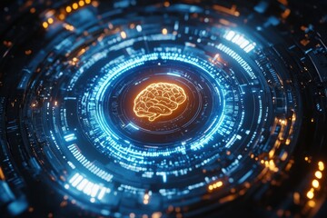 Aufkleber - Artificial intelligence processing data in futuristic electronic circuitry with glowing brain