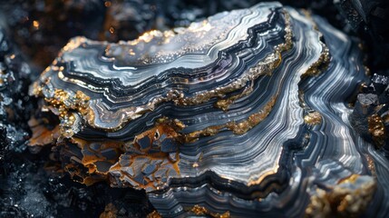 Aufkleber - A stunning agate stone displaying smooth, wavy layers of gray and gold hues. The stone rests among dark minerals, highlighting its natural beauty.