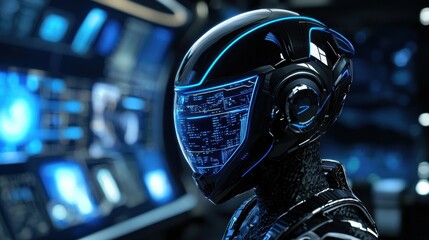Poster - A man in a black helmet with blue lights on it is standing in front of a compute