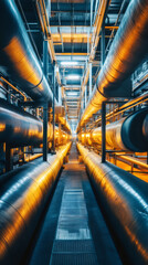 Aufkleber - Large pipes transporting gas and oil, illuminating the interior of a modern industrial power plant with a futuristic design