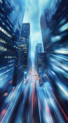 Fototapete - Zooming in on a vibrant night view of New York City, showcasing fast-moving car traffic against a backdrop of illuminated skyscrapers