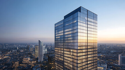 Wall Mural - Exterior of highrise building at dusk architecture metropolis cityscape.