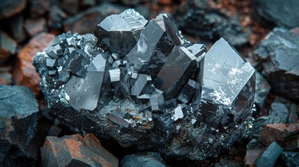 Aufkleber - Sharp edged mineral crystals shine brightly, reflecting natural light while positioned among varying shades of dark stones. The intricate details highlight the mineral's unique structure.
