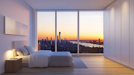 Wall Mural - Empty white new york apartment room studio have sunset view from window architecture cityscape building.