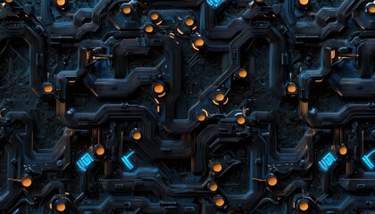 Aufkleber - A black and orange electronic circuit board with a blue dot in the middle