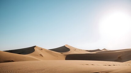 Wall Mural - a minimalist illustration of a desert landscape under a clear blue sky with a bright sun and undulat